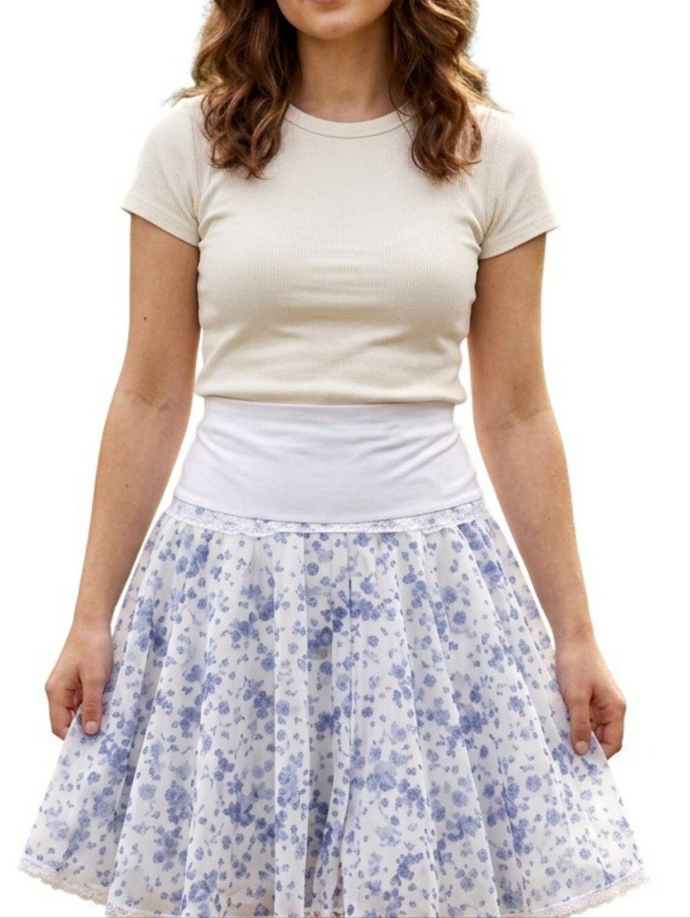 Floral A-Line White and Blue Cotton Skirt, Size 8